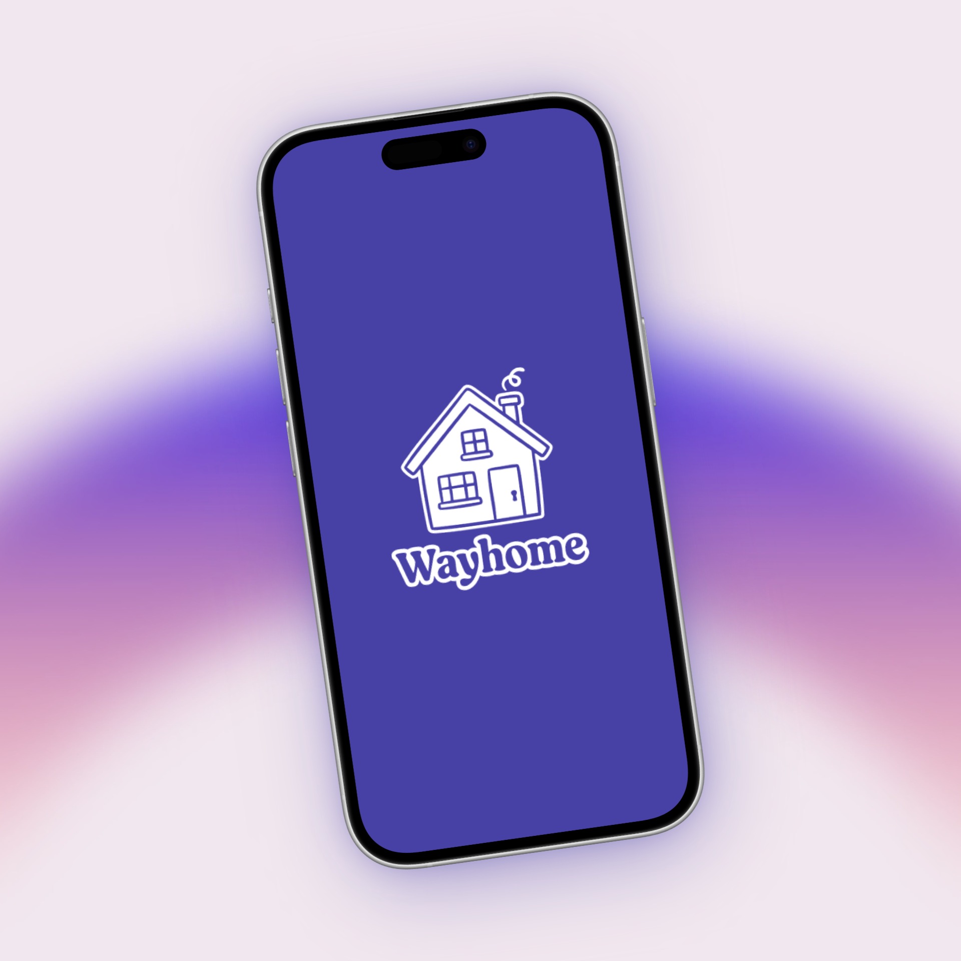 The WayHome logo splash screen on a phone mockup, tilted against a soft purple-to-pink gradient